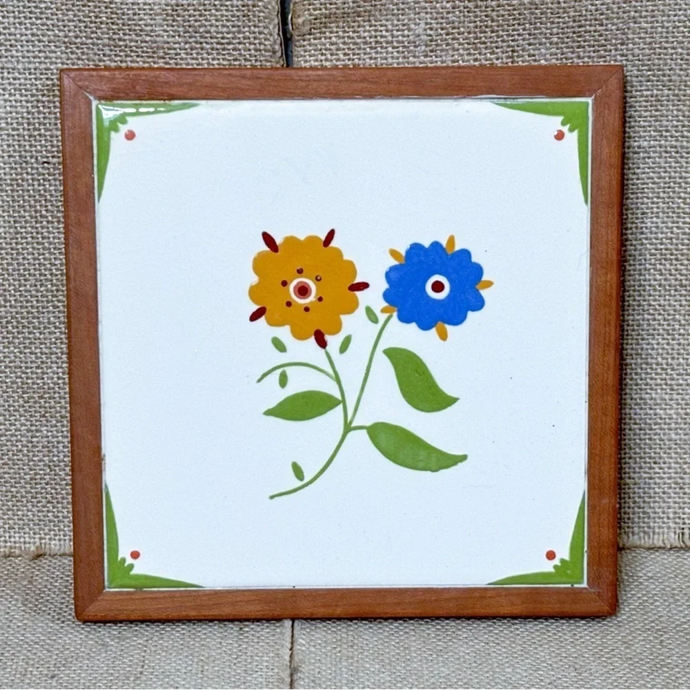 Vintage Dick Reese Floral Tile Wood Trivet Cottage Goblin Core Farmhouse Charm